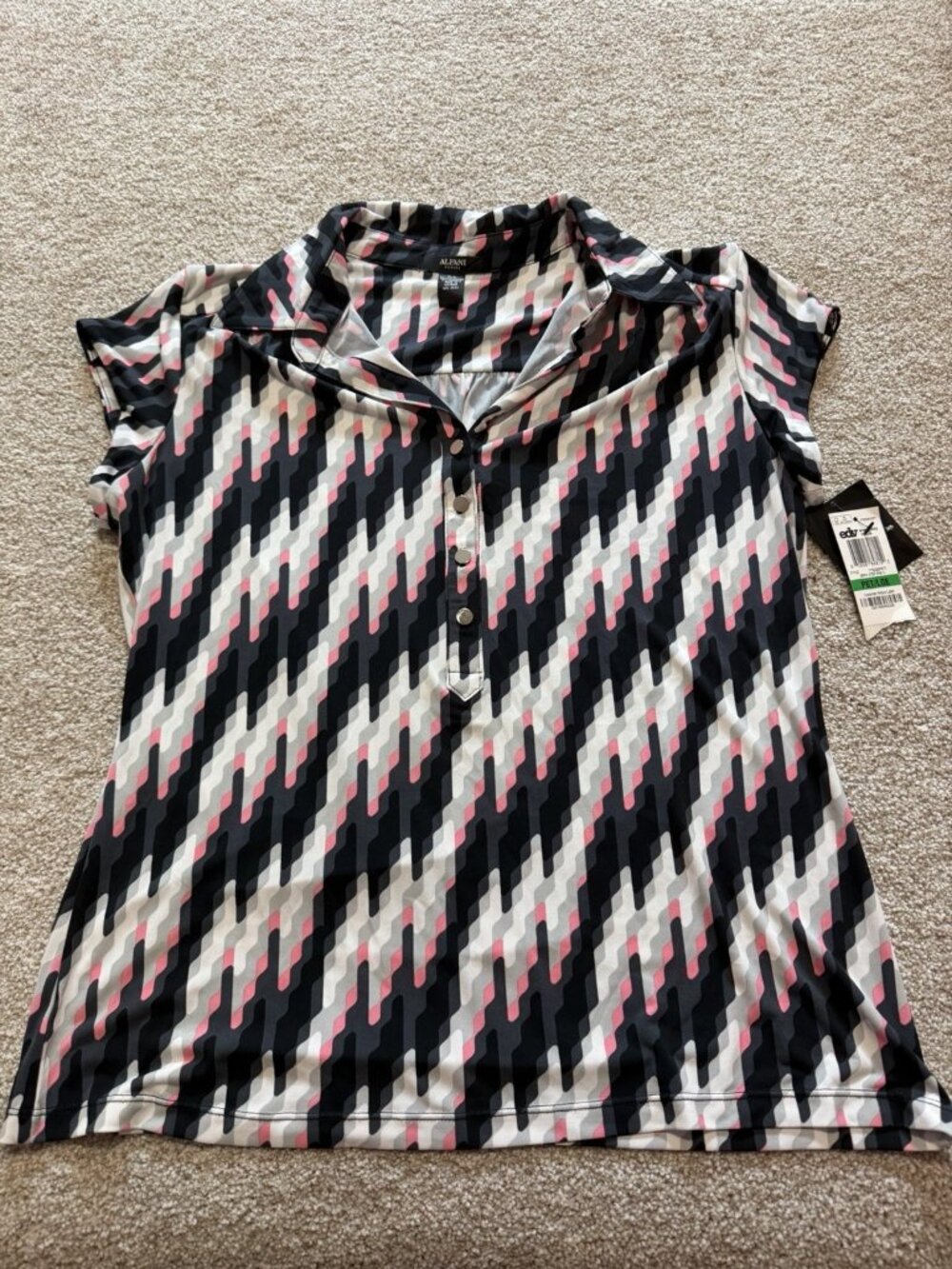 Alfani Petite Women’s Geometric Print Collared Cap Sleeve Polo Top Size P/L